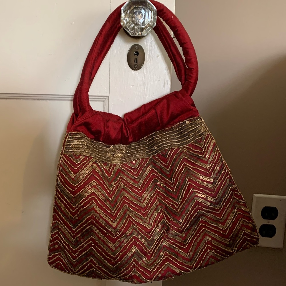 Red Fabric Mini Shoulder Bag With Bronze Sequins